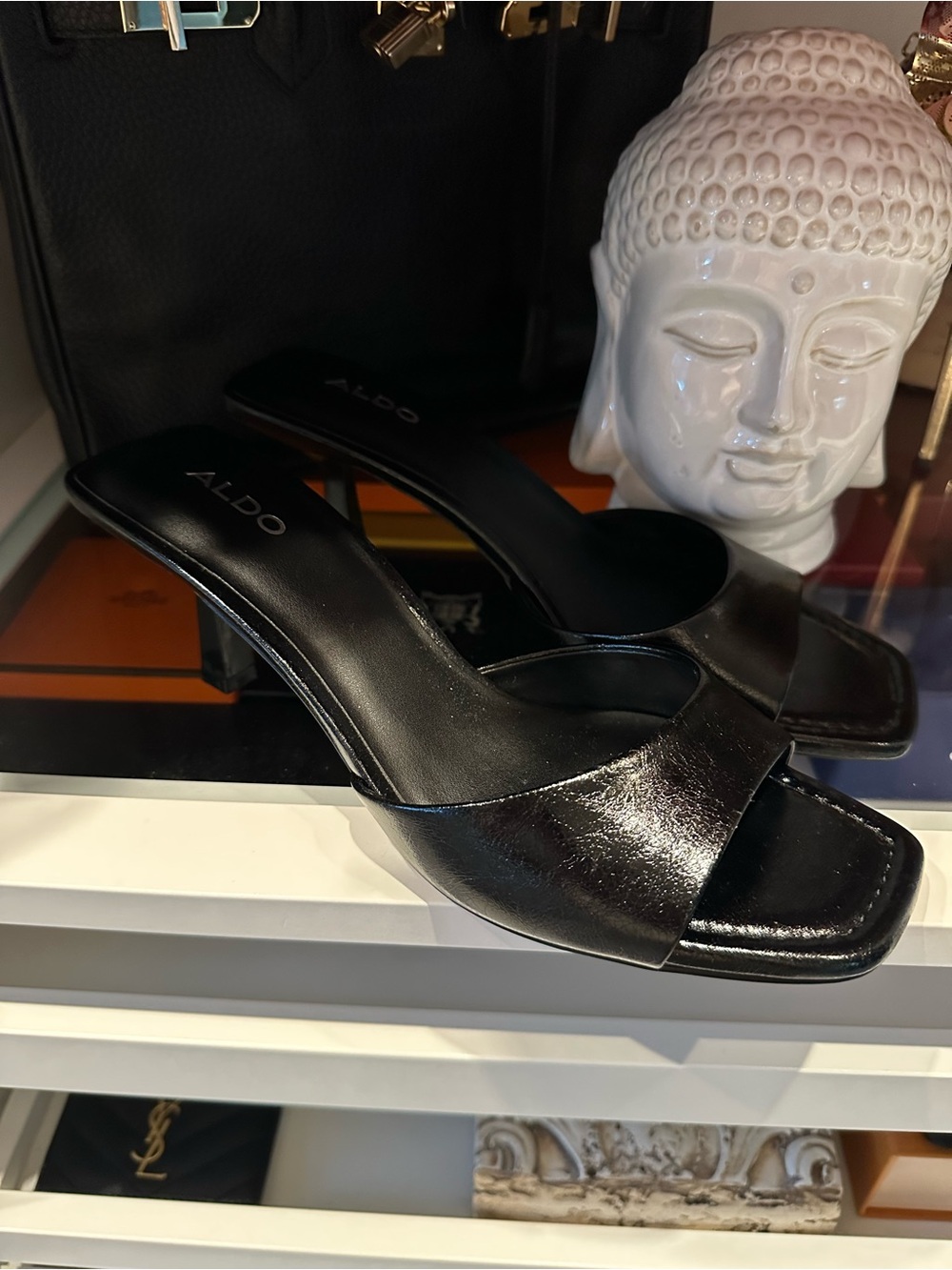 Aldo Black Patent Leather Square-Toe Slide Mules